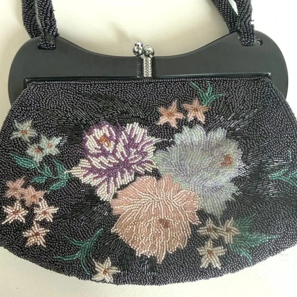 Vintage Black Floral Beaded Evening Bag Retro Glam 1950s Art Deco‎ Collectible